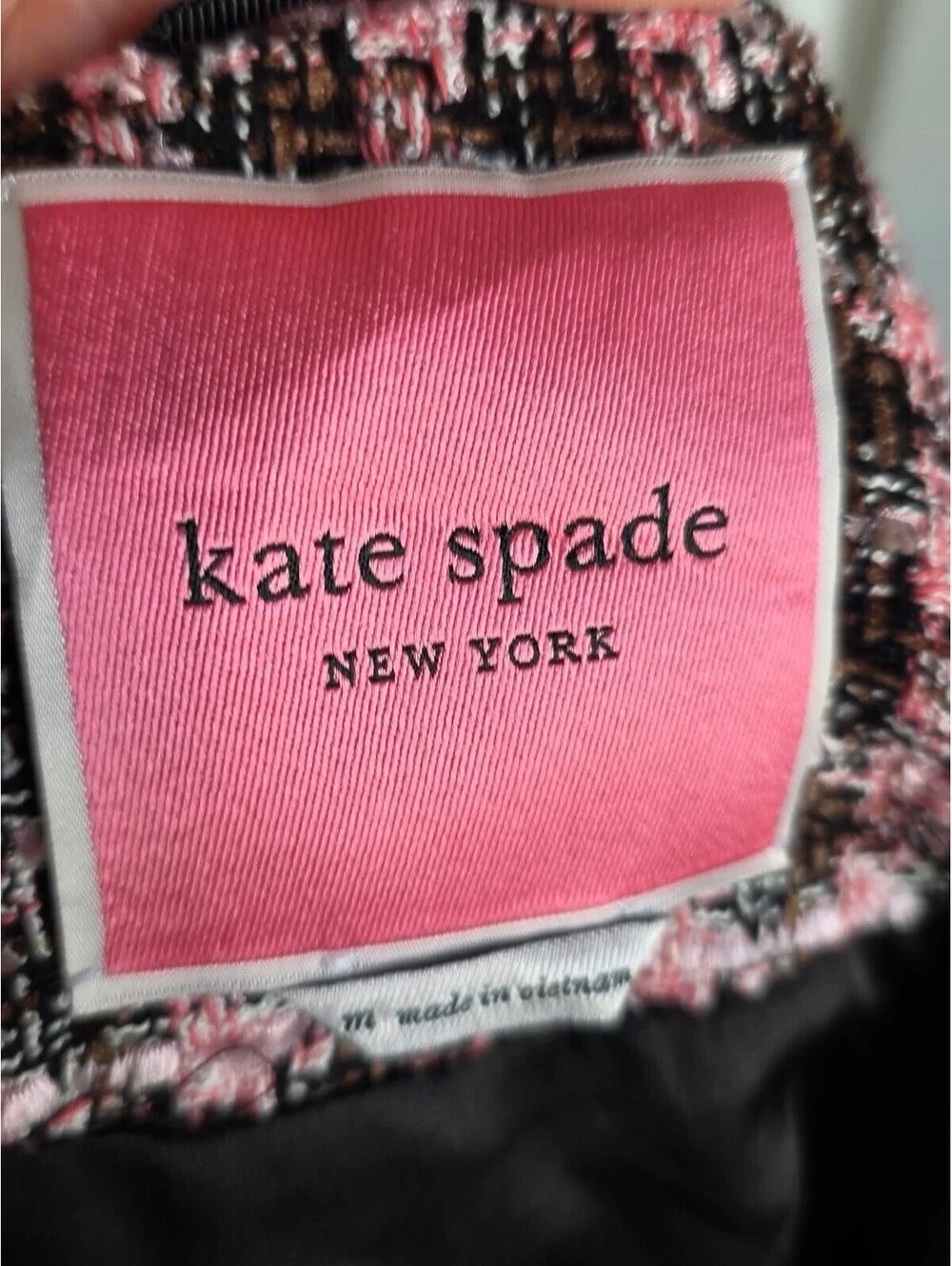 Kate Spade Pink Black Brown Enchanted Tweed Coat Crystal Rhinestone Buttons M